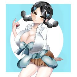Rule 34 | 1girl, black hair, breasts, brown eyes, bumibiro, candice (pokemon), cleavage, clothes around waist, creatures (company), game freak, highres, huge breasts, large breasts, long hair, long sleeves, looking at viewer, microskirt, multi-tied hair, nintendo, poke ball, pokemon, pokemon dppt, skirt, solo, sweater, sweater around waist