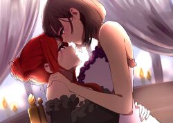 Rule 34 | 2girls, bare arms, black dress, black hair, blush, breasts, candle, commentary, curtains, dress, dutch angle, eye contact, fang, forehead-to-forehead, frilled dress, frills, hair bun, hand on another&#039;s shoulder, hand on another&#039;s waist, heads together, highres, ilia coral, lainie cyan, large breasts, looking at another, medium hair, multiple girls, off-shoulder dress, off shoulder, purple dress, purple eyes, red eyes, red hair, symbol-only commentary, tensei oujo to tensai reijou no mahou kakumei, user ctzu3228, yuri
