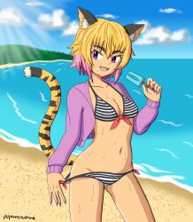 Rule 34 | 1girl, ajamnova, animal ear fluff, animal ears, artist name, bad id, bad pixiv id, beach, bikini, bikini bottom pull, bikini pull, black bikini, blonde hair, blue sky, breasts, byoubu tetora, cleavage, clothes pull, cloud, day, female focus, fingernails, food, highres, holding, holding food, long fingernails, looking at viewer, medium breasts, multicolored bikini, multicolored clothes, multicolored hair, multicolored swimsuit, nail polish, navel, ocean, open mouth, otomimi infinity, outdoors, pink hair, popsicle, pulling own clothes, purple eyes, purple nails, sand, short hair, sky, smile, solo, stomach, striped bikini, striped clothes, sweat, swimsuit, tail, tiger ears, tiger girl, tiger tail, water, white bikini