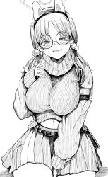 Rule 34 | 1girl, animal ears, between legs, blue archive, blush, breasts, fake animal ears, glasses, greyscale, hair ornament, halo, hand between legs, haruyukiko, highres, large breasts, long hair, long sleeves, looking at viewer, moe (blue archive), monochrome, navel, parted lips, pleated skirt, pom pom (clothes), pom pom hair ornament, rabbit ears, round eyewear, simple background, skirt, sleeves past wrists, smile, solo, sweat, white background