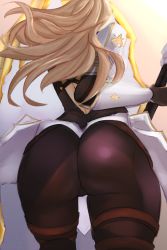 Rule 34 | 1girl, armor, ass, ass focus, blonde hair, bodysuit, from behind, gauntlets, highres, huge ass, kisara (tales), long hair, pants, shield, shiny clothes, skellyto, skin tight, solo, sword, tales of (series), tales of arise, thick thighs, thighs, weapon