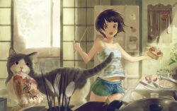 Rule 34 | 1girl, absurdres, ame (conronca), bare shoulders, bowl, brown hair, cat, chikuwa, chopsticks, cucumber, cup, dog, food, fork, highres, indoors, kitchen, knife, mouth hold, navel, bento, open mouth, original, plant, pot, salad, short hair, shorts, sliding doors, solo, spoon, surprised, table, tank top, tomato, vegetable