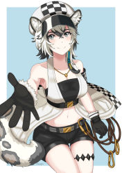 Rule 34 | 1girl, animal ears, arknights, armband, bandeau, bare shoulders, belt, black gloves, black shorts, blue background, blush, border, breasts, bustier, cabbie hat, cleavage, cliffheart (arknights), collarbone, commentary, cowboy shot, gloves, grey eyes, hair between eyes, hat, jacket, jewelry, large breasts, leopard ears, leopard tail, looking at viewer, midriff, miven, navel, necklace, outside border, reaching, reaching towards viewer, short hair, short shorts, shorts, silver hair, simple background, sleeveless, sleeveless jacket, smile, solo, stomach, strapless, tail, thighs, tube top, white border, white hat, white jacket