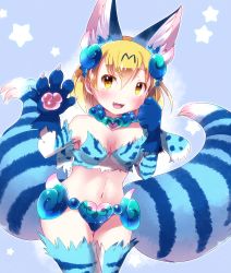 Rule 34 | 10s, 1girl, :3, :d, animal ears, animal hands, armpits, bare shoulders, beads, blonde hair, blue background, blue hair, blush, bob cut, breasts, claws, cleavage, commentary, cowboy shot, dot nose, elbow gloves, fang, gloves, gradient hair, hair between eyes, hands up, highres, kemono friends, kemoribon, looking at viewer, medium breasts, midriff, multicolored hair, multiple tails, navel, open mouth, parted bangs, paw gloves, paw pose, prayer beads, raised eyebrows, serval (kemono friends), shiserval right, short hair, simple background, slit pupils, smile, solo, standing, star (symbol), starry background, tail, thigh gap, thighhighs, two-tone hair, two tails, wide hips, yellow eyes