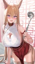 Rule 34 | 1girl, animal ears, arm strap, bare shoulders, bikini, black bikini, blonde hair, blue archive, blush, breasts, cleavage, cleavage cutout, clothing cutout, crossed bangs, fang, halo, highres, holding, holding ladle, kanzarin, ladle, large breasts, long hair, looking at viewer, open mouth, purple eyes, red skirt, revision, rumi (blue archive), see-through, see-through shirt, skin fang, skirt, smile, solo, sweat, swimsuit, thighhighs, thighs, very long hair, wet, wet clothes, white thighhighs