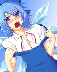 Rule 34 | 1girl, angry, blue eyes, blue hair, blush, cirno, female focus, hair ribbon, ice, ice wings, matching hair/eyes, open clothes, raised eyebrow, ribbon, solo, tears, touhou, wings, zeku (furrock)