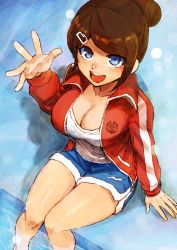Rule 34 | 1girl, :d, arm support, asahina aoi, blue eyes, blue shorts, breasts, brown hair, cleavage, danganronpa: trigger happy havoc, danganronpa (series), feet out of frame, from above, hair ornament, hairclip, hand up, jacket, large breasts, long sleeves, open clothes, open jacket, open mouth, shirt, shorts, sitting, smile, solo, teeth, track jacket, tsunemi aosa, upper teeth only