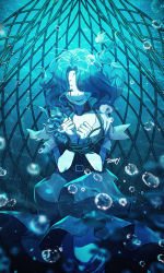Rule 34 | 1girl, belt, belt buckle, blood, bloody tears, blue dress, blue hair, blue theme, bound, bound wrists, brown belt, bubble, buckle, clenched hands, closed eyes, commentary, commentary request, crying, dress, english commentary, film grain, fishing net, grace (identity v), hands up, identity v, mermaid, mixed-language commentary, monster girl, ocean, rope, scar, scar across eye, scar on face, short hair, short sleeves, signature, smile, solo, tempy (rinsia), torn clothes, torn dress, underwater, wavy hair