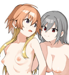 Rule 34 | 2girls, :&gt;, alternate hairstyle, armpit peek, blonde hair, blush, breasts, cleavage, closed mouth, collarbone, completely nude, d:, dark illuminate (idolmaster), eye contact, eyes visible through hair, floating hair, flustered, grey hair, hair between eyes, hair down, hair extensions, hanging breasts, highres, idolmaster, idolmaster cinderella girls, kanzaki ranko, large areolae, long hair, looking at another, looking to the side, medium breasts, muchi maro, multicolored hair, multiple girls, ninomiya asuka, nipples, nude, open mouth, orange hair, purple eyes, red eyes, ribs, side-by-side, simple background, small breasts, smile, surprised, sweat, tsurime, two-tone hair, upper body, v-shaped eyebrows, wavy mouth, white background