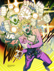 Rule 34 | 1boy, aqua eyes, bleeding, blonde hair, blood, blood on clothes, braid, braided ponytail, chinese commentary, commentary, diffraction spikes, earrings, english text, foot out of frame, furrowed brow, giorno giovanna, gold experience, hand on own arm, highres, injury, jewelry, jojo no kimyou na bouken, long hair, male focus, motion blur, nosebleed, open mouth, punching, shishio (shishio5431), shouting, stand (jojo), vento aureo, wryyyyyyyyyyyyyyyyyyyy