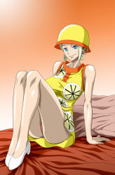 Rule 34 | 1girl, ass, bare shoulders, bed, blonde hair, blue eyes, breasts, cloche hat, dress, earrings, feet, female focus, hat, highres, jewelry, large breasts, legs, lemon print, looking at viewer, miss valentine, nel-zel formula, one piece, panties, pillow, shoes, short hair, simple background, sitting, sleeveless, smile, solo, thighs, underwear, upskirt