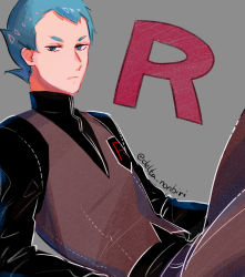 Rule 34 | 1boy, archer (pokemon), black shirt, blue eyes, blue hair, brown pants, brown vest, closed mouth, commentary request, creatures (company), delta nonbiri, eyelashes, frown, game freak, grey background, highres, looking at viewer, male focus, nintendo, pants, pokemon, pokemon lgpe, shirt, short hair, solo, team rocket, team rocket uniform, turtleneck, vest
