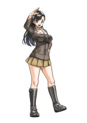 Rule 34 | 10s, 1girl, asymmetrical bangs, black footwear, black hair, boots, breasts, brown eyes, brown jacket, chi-hatan military uniform, cleavage, commentary, full body, girls und panzer, highres, jacket, knee boots, long hair, long sleeves, looking at viewer, medium breasts, military, military uniform, miniskirt, nishi kinuyo, open mouth, pleated skirt, shirt, simple background, skirt, smile, solo, standing, uniform, white background, white shirt, yamano rita, yellow skirt