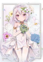Rule 34 | bouquet, dress, flower, gaaratelier, garter belt, garter straps, hair flower, hair ornament, holding, holding bouquet, kokkoro (princess connect!), looking at viewer, pink eyes, pointy ears, princess connect!, short hair, smile, strapless, strapless dress, thighhighs, wedding dress, white hair, white thighhighs