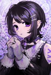 Rule 34 | 1girl, black nails, brown hair, clothing cutout, collar, collared shirt, corset piercing, ear piercing, eyeshadow, fingernails, flower, frilled shirt collar, frills, hair ornament, hairclip, highres, jewelry, long fingernails, looking at viewer, makeup, mino (kirarayakubou), multicolored hair, nail polish, necklace, original, own hands together, parted lips, piercing, praying, purple eyes, purple lips, purple theme, ring, shirt, short hair, shoulder cutout, sleeve cuffs, solo, spiked collar, spikes, streaked hair