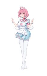 Rule 34 | 1girl, ahoge, angel wings, apron, aqua dress, aqua hair, armband, blush, bob cut, breasts, choker, collar, collarbone, colored inner hair, commentary, crossed ankles, double v, dress, frilled apron, frilled collar, frilled dress, frills, full body, hair intakes, hat, heart, heart print, hif (dmtx7348), highres, idolmaster, idolmaster cinderella girls, idolmaster cinderella girls starlight stage, large breasts, multicolored hair, no shoes, nurse cap, open mouth, pantyhose, pink eyes, pink hair, red armband, red choker, short sleeves, simple background, solo, sparkle print, standing, sweatdrop, two-tone hair, underbust, v, white apron, white background, white hat, white pantyhose, white wings, white wrist cuffs, wings, wrist cuffs, yumemi riamu