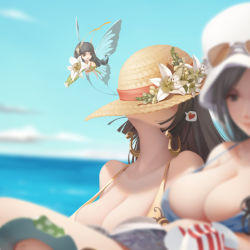 Rule 34 | 2girls, b.bor, bad id, bad pixiv id, beach, bikini, black hair, blush, boa hancock, breasts, cleavage, day, earrings, fairy, flower, hat, hat over eyes, heart, hidden face, jewelry, large breasts, lily (flower), long hair, multiple girls, nico robin, one piece, out of frame, outdoors, snake earrings, straw hat, sunglasses, swimsuit, water
