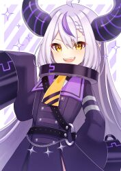 Rule 34 | 1girl, absurdres, ahoge, belt, belt chain, blush, braid, braided bangs, coat, coat dress, collar, demon horns, diagonal stripes, dress, fang, hand on own hip, hand up, highres, hololive, horns, la+ darknesss, la+ darknesss (1st costume), long hair, long sleeves, looking at viewer, metal collar, multicolored hair, necktie, open mouth, pointy ears, purple coat, purple hair, sleeves past fingers, sleeves past wrists, smile, solo, sparkle, streaked hair, striped, striped background, tsumurimai, v-shaped eyebrows, very long hair, virtual youtuber, white hair, yellow eyes