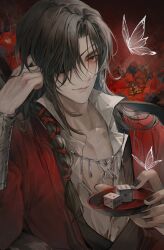 Rule 34 | 1boy, absurdres, bishounen, black hair, bug, butterfly, butterfly necklace, chinese clothes, dice, eyepatch, glowing butterfly, hair ribbon, highres, hua cheng, insect, long hair, long sleeves, looking at viewer, male focus, red eyes, red hanfu, red ribbon, ribbon, tianguan cifu, very long hair, white butterfly, young57440489