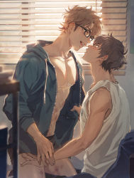 Rule 34 | 2boys, abs, ace of diamond, black male underwear, window blinds, blue jacket, blush, boxer briefs, brown eyes, brown hair, couple, eye contact, glasses, hand on another&#039;s neck, hand on another&#039;s thigh, highres, hood, hood down, hooded jacket, imminent kiss, indoors, jacket, looking at another, male focus, male underwear, miyuki kazuya, multiple boys, navel, nipples, on person, open clothes, open jacket, open mouth, parted lips, pectorals, sato (sato 1 11), sawamura eijun, short hair, sideburns, sitting, sunlight, tank top, thick thighs, thighs, toned, toned male, tongue, underwear, white tank top, window, yaoi