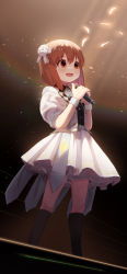 Rule 34 | 1girl, :d, black shirt, black socks, blush, brown eyes, brown hair, collared shirt, commentary request, dress shirt, feathers, hagiwara yukiho, hands up, highres, holding, holding microphone, idolmaster, idolmaster (classic), jacket, kneehighs, looking away, microphone, mimikaki (men bow), open clothes, open jacket, open mouth, pleated skirt, puffy short sleeves, puffy sleeves, shirt, short sleeves, skirt, smile, socks, solo, standing, white feathers, white jacket, white skirt