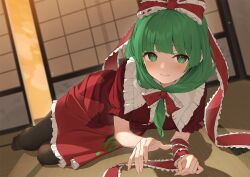 Rule 34 | 1girl, blunt bangs, blurry, blurry background, blush, bow, breasts, closed mouth, commentary request, commission, dress, fingernails, frilled shirt collar, frills, front ponytail, full body, green eyes, green hair, hair bow, indoors, kagiyama hina, kanpa (campagne 9), light smile, long hair, looking at viewer, no shoes, on floor, pantyhose, puffy short sleeves, puffy sleeves, red bow, red dress, see-through, short sleeves, shouji, sitting, skeb commission, sliding doors, small breasts, solo, tatami, toes, touhou, twilight, yokozuwari