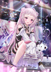 Rule 34 | 1girl, :d, bare shoulders, black dress, black footwear, blush, breasts, commentary request, copyright request, double bun, dress, feet out of frame, flower, glowstick, grey hair, hair bun, hair flower, hair ornament, highres, holding, holding microphone, long sleeves, looking at viewer, maruma (maruma gic), medium breasts, microphone, open mouth, purple eyes, signature, single hair intake, single sock, single thighhigh, sitting, sleeves past fingers, sleeves past wrists, smile, socks, solo, stage, sweat, thighhighs, virtual youtuber, white flower, white socks, white thighhighs