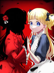 Rule 34 | 2girls, apron, blonde hair, blue bow, blue dress, blue eyes, bow, commentary request, dress, emilico (shadows house), flower, frilled sleeves, frills, hair bow, hair flower, hair ornament, higenoyatsu, highres, holding hands, juliet sleeves, kate (shadows house), long hair, long sleeves, looking at viewer, multiple girls, parted lips, puffy sleeves, red dress, shadow (shadows house), shadows house, two side up, upper body