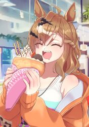 Rule 34 | 1girl, absurdres, ahoge, akuminosan, animal ears, blurry, blurry background, blush, brown hair, casual, closed eyes, collarbone, commentary request, eating, food, hair ornament, highres, holding, holding food, horse ears, horse girl, jacket, jewelry, jungle pocket (umamusume), medium hair, necklace, notched ear, portrait, solo, umamusume