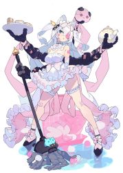 Rule 34 | 1girl, animal ear fluff, animal ears, apron, bandaid, bandaid on face, bandaid on knee, bandaid on leg, bare shoulders, black footwear, blue eyes, blush, breasts, bridal garter, cat ears, cleavage, commentary, cup, detached collar, elbow gloves, extra arms, eyepatch, frilled apron, frilled legwear, frilled skirt, frills, gloves, hajime (hajime-ill-1st), high heels, highres, holding, holding mop, holding teapot, holding tray, large breasts, long hair, maid apron, mechanical arms, mop, open mouth, original, pill, pink gloves, pink skirt, single mechanical arm, skindentation, skirt, solo, teacup, teapot, thigh strap, tray, very long hair, white apron, white hair, white legwear