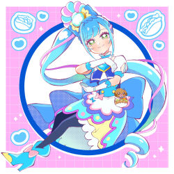 Rule 34 | 1girl, ankle boots, apron, back bow, black pantyhose, blue bow, blue dress, blue footwear, blue hair, boots, bow, bright pupils, commentary, cure spicy, delicious party precure, detached collar, dress, floating, food, fuwa kokone, gloves, hair bow, hair ornament, half-closed eyes, heart, high heel boots, high heels, highres, long hair, magical girl, medium dress, meranoreuka (pandapaca), pam-pam (precure), pantyhose, precure, puffy short sleeves, puffy sleeves, sandwich, short sleeves, side ponytail, smile, solo, very long hair, waist apron, white gloves, white pupils