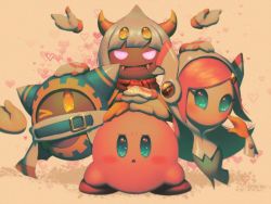 Rule 34 | 1girl, 3boys, artist name, bellhenge, extra eyes, fangs, frown, heart, horns, kirby, kirby: planet robobot, kirby: star allies, kirby (series), magolor, multiple boys, nintendo, no mouth, one eye closed, open mouth, pastel colors, pink hair, rayman limbs, scarf, smile, susie (kirby), taranza, white hair