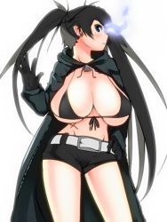 Rule 34 | 10s, 1girl, alternate breast size, belt, bikini, bikini top only, black bikini, black hair, black rock shooter, black rock shooter (character), blue eyes, breasts, coat, colorized, gloves, glowing, glowing eye, groin, hand on own hip, hip focus, huge breasts, long hair, magister, navel, sagging breasts, scar, short shorts, shorts, solo, swimsuit, twintails, underboob