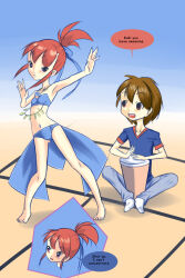 Rule 34 | 1boy, 1girl, bare legs, belly dancer, belly jewel, blue background, blue dress, blue shirt, blush, brown eyes, brown hair, dancer, dancing, digimon, digimon tamers, drantyno, dress, embarrassed, floor, gradient background, highres, jewelled navel, jewelry, looking at another, makino ruki, matching hair/eyes, matsuda takato, midriff, navel, necklace, pants, ponytail, purple eyes, red hair, shirt, short hair with long locks, sleeveless, sleeveless dress, smile, socks