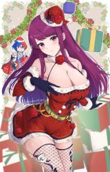 Rule 34 | 1boy, 1girl, alear (fire emblem), alear (male) (fire emblem), alternate costume, bare shoulders, belt, black gloves, blush, box, breasts, christmas, cleavage, commentary request, cowboy shot, detached sleeves, dress, fire emblem, fire emblem engage, fishnet thighhighs, fishnets, gift, gift box, gloves, halterneck, hat, head tilt, heterochromia, ivy (fire emblem), large breasts, long hair, matching hair/eyes, mole, mole under mouth, multicolored hair, nintendo, purple eyes, purple hair, red dress, red headwear, santa costume, santa hat, short dress, sleeveless, sleeveless dress, standing, thighhighs, thighs, two-tone hair, very long hair, yellow belt, yuuri (orz commushows)