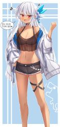 Rule 34 | 1girl, border, breasts, cleavage, collar, dancing archer tinia, dark skin, denim, denim shorts, guardian tales, hair ornament, highres, jacket, long hair, looking at viewer, medium breasts, navel, official alternate costume, open mouth, pikandong, red eyes, see-through, shorts, speech bubble, standing, white hair