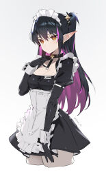 Rule 34 | 1girl, apron, black choker, black gloves, breasts, choker, cleavage, gloves, highres, long hair, maid, maid apron, maid headdress, mary (siino), medium breasts, multicolored hair, original, pointy ears, siino, simple background, skirt, solo, white apron, white background, wrist cuffs