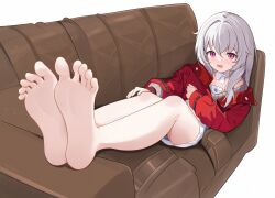 Rule 34 | 1girl, absurdres, barefoot, clara (honkai: star rail), couch, feet, highres, honkai: star rail, honkai (series), light blush, long hair, looking at viewer, open mouth, pink eyes, soles, toes, v.a. (vanilla), white hair