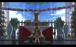 Rule 34 | 1boy, 1girl, barefoot, benitama, black hair, child, cloud, deer head, japanese clothes, letterboxed, long hair, looking up, rope, shide, short hair, shrine, sitting, sitting on lap, sitting on person, sky, smile, table, taxidermy