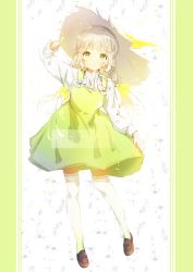 Rule 34 | 1girl, :o, absurdres, blonde hair, blouse, blush, border, bow, brown footwear, commentary, dress, english text, full body, green border, green dress, green eyes, highres, jerry3912, lace, lace-trimmed legwear, lace trim, long hair, long sleeves, looking at viewer, original, overall skirt, parted lips, pillarboxed, ribbon, shirt, shoes, sidelocks, solo, thighhighs, white background, white bow, white headwear, white shirt, white thighhighs, yellow ribbon, zettai ryouiki