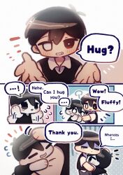 Rule 34 | black eyes, black hair, black sweater vest, blush, closed eyes, collared shirt, colored skin, comic, english text, grin, highres, looking at another, omori, omori (omori), open mouth, parted lips, shirt, short hair, short sleeves, smile, speech bubble, spoilers, sunny (omori), sweater vest, teeth, wakame (vhai26uhykmqb9k), white shirt, white skin
