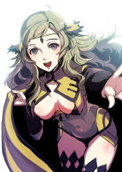 Rule 34 | 1girl, ahoge, arm up, blonde hair, breasts, cape, circlet, cloak, fire emblem, fire emblem fates, fire emblem heroes, grey eyes, holding, holding cape, holding clothes, kokouno oyazi, long hair, looking at viewer, medium breasts, nintendo, open mouth, ophelia (fire emblem), reaching, reaching towards viewer