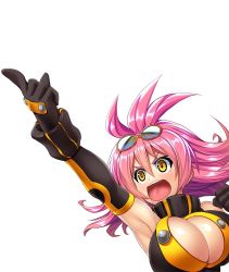 Rule 34 | 1girl, arm up, armpits, asahi, breasts, cleavage, female focus, highres, large breasts, lilith-soft, long hair, open mouth, pink hair, rene (taimanin asagi), shiny skin, simple background, solo, taimanin (series), taimanin asagi, taimanin asagi kessen arena, upper body, white background, yellow eyes