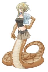 Rule 34 | 10s, 1girl, blonde hair, claws, echidna (monster musume), fangs, figgot, full body, grin, hair ornament, hairclip, lamia, monster girl, monster musume no iru nichijou, pointy ears, portrait, signature, slit pupils, smile, solo, yellow eyes