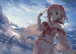 Rule 34 | 1girl, arm at side, bare shoulders, blurry, braid, breasts, bridge, cloud, cloudy sky, commentary request, daitai sotogawa (futomomo), depth of field, dutch angle, flower, hair flower, hair ornament, japanese clothes, kimono, long hair, looking at viewer, looking to the side, pink hair, pink kimono, sergestid shrimp in tungkang, single braid, sky, small breasts, solo, water, wide sleeves, xuan ying