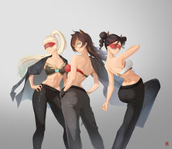 Rule 34 | 3girls, absurdres, alternate costume, ass, back, bare arms, bare back, bare shoulders, bikini, bikini top only, black coat, black hair, black pants, blindfold, braid, braided bun, breasts, cleavage, closed mouth, coat, coat on shoulders, commentary request, dancing, dehya (genshin impact), double bun, eremite desert clearwater (genshin impact), eremite galehunter (genshin impact), ermu (enmmm), eye mask, from behind, genshin impact, grey eyes, grey hair, hair between eyes, hair bun, hand on own hip, high ponytail, highres, long hair, long sleeves, looking at viewer, looking back, medium breasts, midriff, multicolored hair, multiple girls, neck, open clothes, open coat, pants, parted bangs, scar, scar on back, simple background, sleeveless, smile, standing, standing on one leg, stomach, strapless, strapless bikini, streaked hair, twintails, two-tone hair