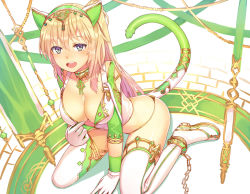 Rule 34 | 1girl, animal ears, ankle cuffs, arm support, blonde hair, blush, boots, breasts, cat ears, cat tail, chain, cleavage, collar, detached sleeves, fake animal ears, fake tail, from above, gloves, green eyes, hairband, kibamigohann, long hair, looking at viewer, looking up, medium breasts, one side up, open mouth, original, simple background, sitting, smile, solo, tail, thigh boots, thighhighs, wariza, white gloves, white thighhighs