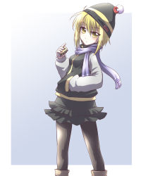 Rule 34 | 1girl, alternate costume, beanie, black pantyhose, blonde hair, can, coffee, contemporary, female focus, hand in pocket, hat, looking back, lunasa prismriver, pantyhose, product placement, scarf, short hair, solo, touhou, yellow eyes, yoshi tama