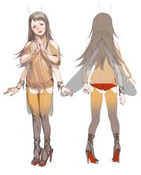 Rule 34 | 1girl, antennae, arthropod girl, bare shoulders, blunt bangs, brown hair, commentary request, extra arms, facing away, from behind, gradient legwear, grey thighhighs, head tilt, high heels, highres, insect wings, looking at viewer, multicolored clothes, multicolored legwear, multiple views, orange thighhighs, original, parted lips, pigeon-toed, pink lips, red eyes, simple background, skindentation, smile, thighhighs, tunapon01, white background, wings, x-ray