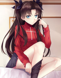 Rule 34 | 1girl, aoi (buzhuen444), bed sheet, black legwear, black ribbon, black skirt, blue eyes, brown hair, fate/stay night, fate (series), hair ribbon, hand in own hair, highres, indoors, long hair, looking at viewer, miniskirt, pleated skirt, red shirt, ribbon, shirt, sitting, skirt, smile, solo, tohsaka rin, twintails, two side up, very long hair